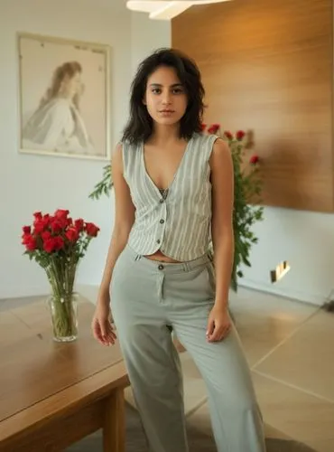a photograph full body of a young woman 22 years old with black hair, wearing a striped gray vest and gray pants. She stands in a modern living room with a table featuring a vase of roses. On the wall