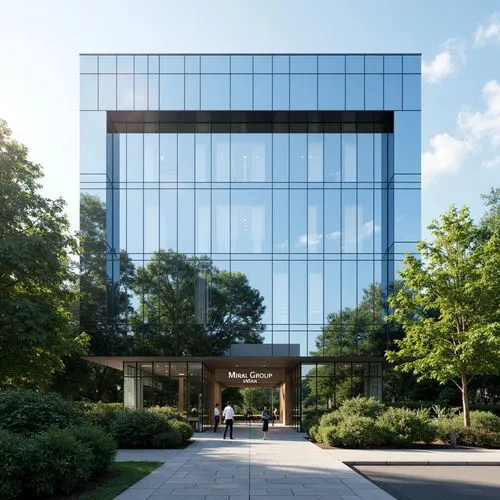 A professional exterior shot of a modern corporate office building, featuring clean glass walls and a large sign that says 'Mirai Group Japan'. The building is surrounded by greenery and has a profess