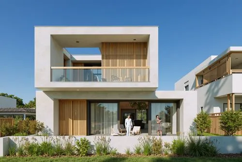 A photo-realistic shoot from the front about a modern two-story concrete house with wooden slats and sliding doors, set against a clear blue sky. the image also shows a couple standing in the doorway 