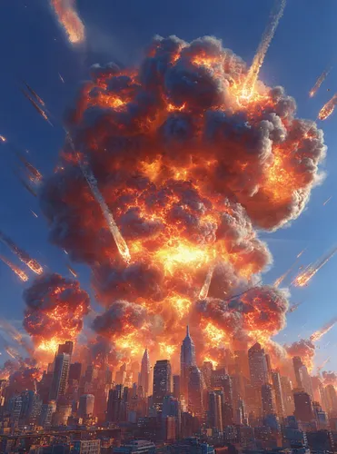 photo-realistic wide-angle shot of New York City skyline under massive missile attack during daytime. Multiple explosions erupt across the city--downtown skyscrapers engulfed in fireballs and smoke pl