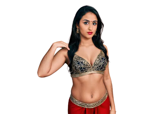 Sexy Indian girl, Bollywood-inspired outfit, red sari, golden jewelry, dark hair, bold eyebrows, bright red lipstick, sultry eyes, seductive pose, one hand on hip, waist-slimming, curvy figure, transp