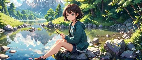 an animated anime style artwork of a woman sitting on a rock fishing,forest background,landscape background,nature background,euphonious,background view nature,mountain spring