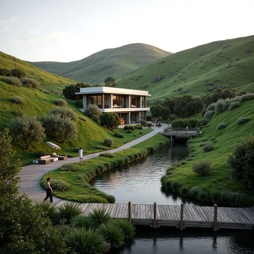 Harmonious landscape integration, rolling hills, lush greenery, meandering pathways, natural stone walls, wooden bridges, serene water features, reflection pools, minimalist architecture, large window