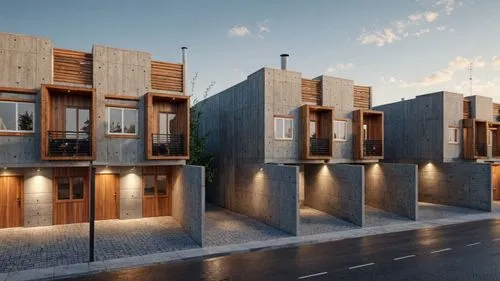 render this scene, set in a early morning setting, wood facade combined with concrete, include cars and pedestrians,four grey building designs with wooden accents at dusk,townhouses,wooden facade,town