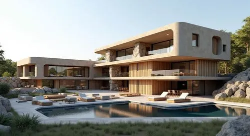 Photorealistic architectural visualization of a very luxurious, rectangular, round edges, futuristic, off-grid residential villa that has 3 floors. The residence is constructed entirely from hempcrete