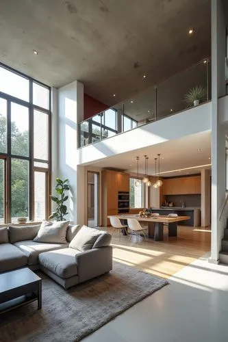A modern loft with an open-plan design, featuring a double-height living space with floor-to-ceiling windows that flood the interior with natural light, the lower level includes a spacious living room