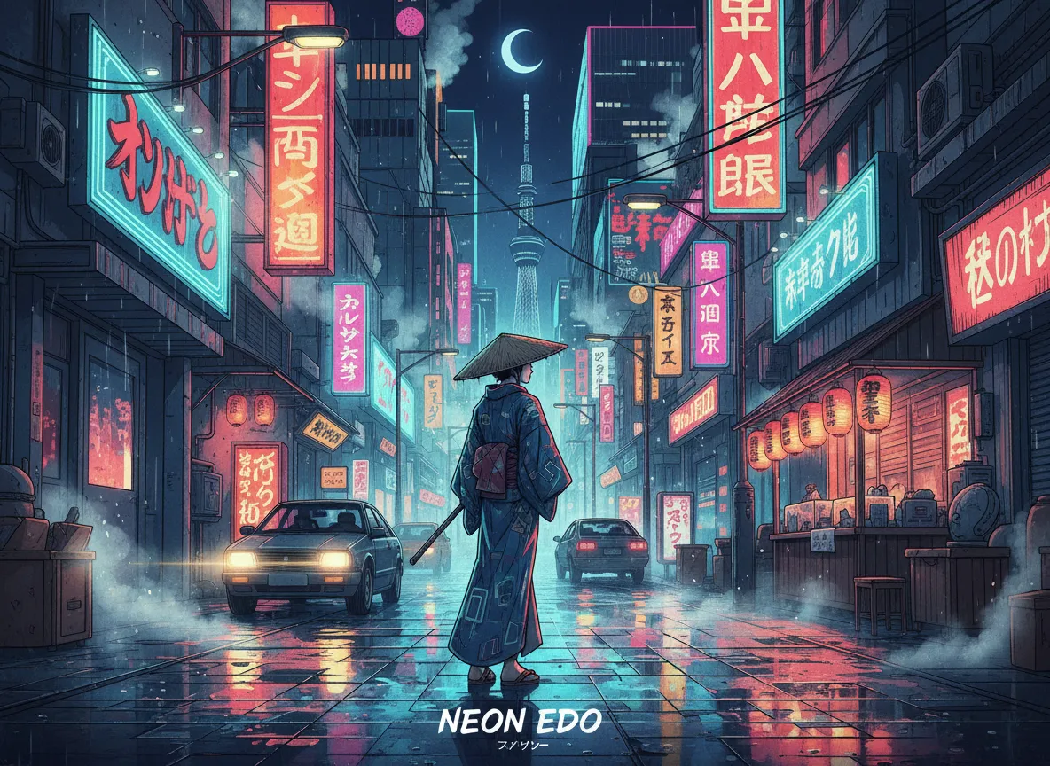 Un manifesto Ukiyo-e moderno che mostra una figura in abiti tradizionali giapponesi in un vicolo di Tokyo illuminato al neon.