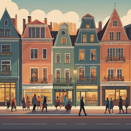 City walk in North Europe, by Emiliano Ponzi,copenhagen,hamburg,nyhavn,street scene,watercolor shops,bremen,paris shops,background vector,freiburg,amsterdam,utrecht,lübeck,shopping street,malmö,denmar