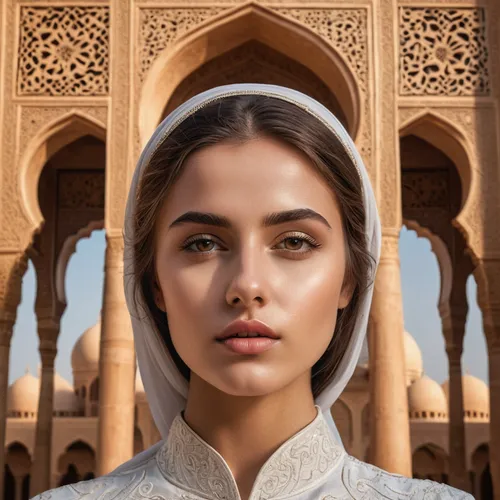girl with 3 head in Arabic style architecture,islamic girl,middle eastern monk,arabian,arab,abaya,omani,muslim woman,argan,girl in a historic way,dhabi,jordanian,united arab emirates,dubai,hijab,irani