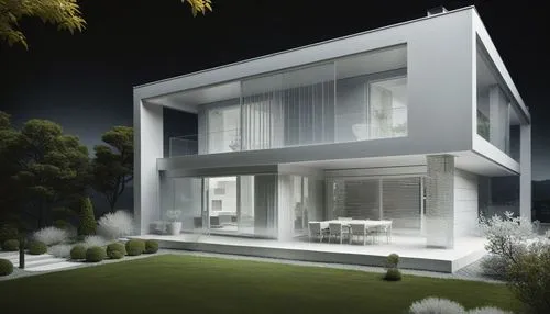 a modern house at night with lights on,prefab,residential property,modern house,prefabricated,frame house,prefabs