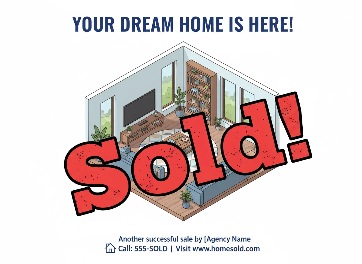 Un design di stanza isometrica con la filigrana 'Venduto!', sovrapposto a un poster di marketing immobiliare.