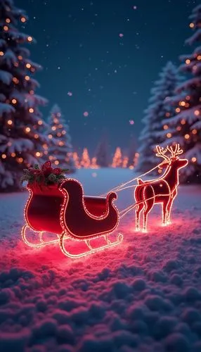A modern Christmas wallpaper featuring sleighs, styled with neon lights tones, evoking a festive and cheerful atmosphere.,a sleigh with a reindeer pulling the sleigh,sleigh with reindeer,christmas sno