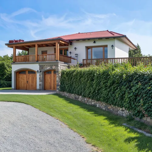 "A beautiful two-story American-style chalet with a red gabled roof, white stucco walls, and large glass windows. The house is surrounded by a solid perimeter wall for privacy, featuring wooden gates 