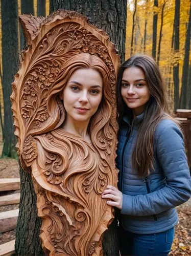 I am Marianne, a woodcarver from Oberammergau in Bavaria, this is my self-portrait in wood, I hope you like it.,two girls next to each other near a tree trunk,wood carving,wood art,woodcarving,carved 