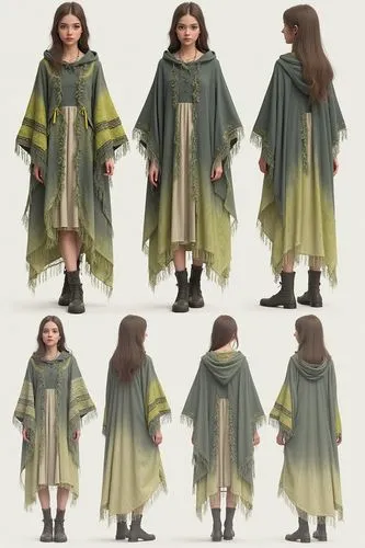 Design concept sheet for fashion brand "246 Interaction with Embroidery", incorporating a model wearing a A dark gray and lime ombre hoodie with fringes on both long sleeves with lace and ruffle detai