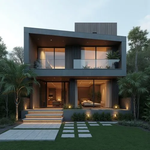 A hyper-realistic, high-resolution architectural photograph of a multi-level, contemporary luxury residence featuring a sleek, geometric design. The exterior is composed of smooth, matte charcoal-gray