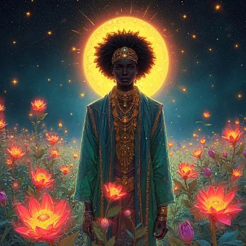The image portrays a serene and mystical scene featuring a figure standing amidst a field of vibrant, luminous flowers. The person is adorned in intricate, shimmering jewelry and a flowing, richly col