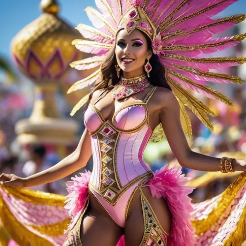 artistic photography of a beautiful female in pink and gold performing for the Rio Carnival, photorealistic, shot in UHD, colourful mosaics, joyful and optimistic, hourglass figure body, full body bol