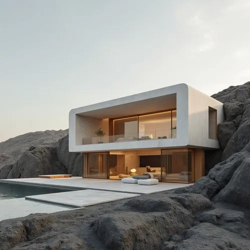 ,a rendering of a house by a rocky cliff next to a body of water,dunes house,cubic house,amanresorts,modern house,modern architecture,3d rendering,dreamhouse,holiday villa,house in mountains,beach ho