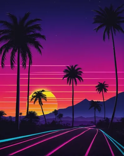 Photo wallpaper Sunset, The sun, Road, Palm trees, Synthpop, Darkwave, Synth, Retrowave, Synth-pop, Synthwave, Synth pop,retro background,80s,80's design,purple wallpaper,aesthetic,palmtrees,dusk back