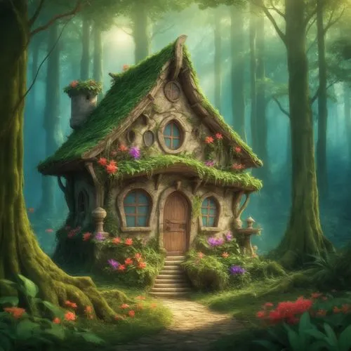 a house that is in the middle of some trees,fairy house,house in the forest,fairy door,little house,witch's house,small house