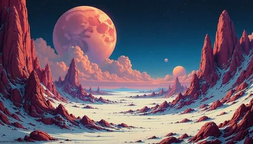 Surreal futuristic sci-fi landscape in the style of William Roger Dean, YES album cover,a painting of a desert, with mountains in the foreground,lunar landscape,alien planet,moonscape,alien world,hoda