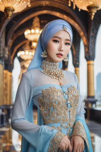 beautiful 20 year old Korean model, full body, beautiful, dress and expensive jewelry, wear hijabi, expensive low-cut dress, pouty lips, sharp-focus, very sharp, high-quality, color, unique, one image