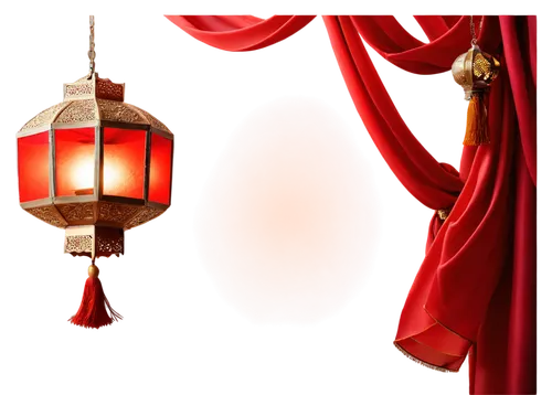 Traditional lantern, Oriental style, red silk, golden tassels, intricate carvings, ornate metal frame, soft warm glow, hanging from ceiling, festive atmosphere, cinematic lighting, shallow depth of fi
