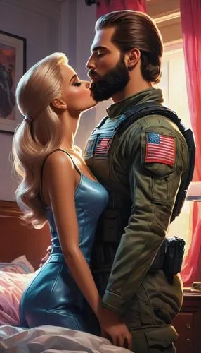 A Barbie-like, 18-year-old girl meets a man who looks like "G.I. Joe" with a beard and they kiss in a bedroom,capitanamerica,steve rogers,captain american,romance novel,cg artwork,hypersexuality,capta