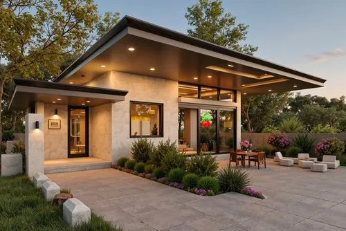 A sophisticated café with a grand indoor tree as its centerpiece, surrounded by circular seating. The space features high ceilings, classic arches, and luxurious pendant lights. ,a house is lit up by 