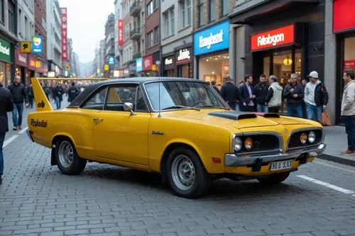 a bright yellow classic car is stopped on the street as people walk by,fiat 130,yellow taxi,fiat 850,allegro,bumblebee,yellow car,type w 105,fiat 600,taxi,fiat 500,mini,taxis,little yellow,taxi cab,mi