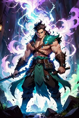  ,an illustration of a monster with lightning coming out of it,wind warrior,druid,male character,shaman,god of thunder,game illustration,fantasy warrior,sorcerer,elemental,summoner,thunderer,thornier,