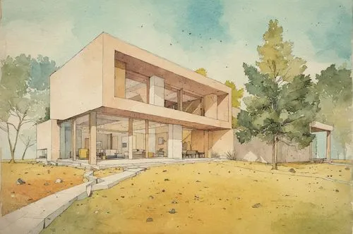 Architecture Drawing
,the watercolor of an elegant home with a backyard,mid century house,neutra,house drawing,passivhaus,cohousing,eichler,midcentury,mid century modern,dunes house,vivienda,Conceptua