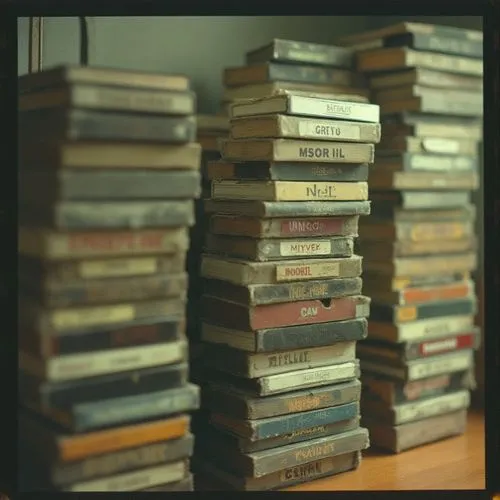 grainy polaroid, cinematic, old school, stack of tapes,books are stacked up on top of each other,stack of books,pile of books,book stack,books pile,old books,vintage books,music books,paperbacks,piano
