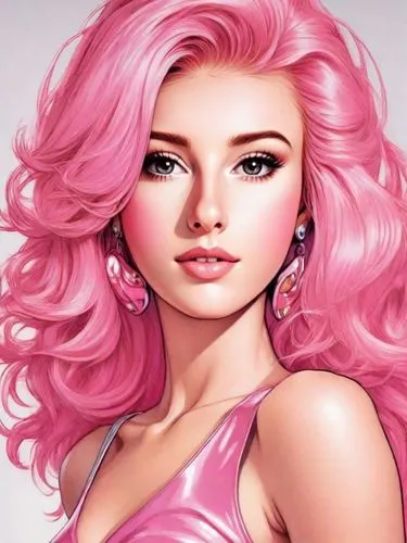 beautiful lady who looks like Jem, lookalike, cartoon, pink hair, pink vinyl dress, pop star, 1980s,an illustration of pink hair and earrings,pink beauty,dahlia pink,barbie,pink diamond,pink magnolia,