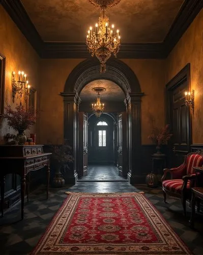 a spacious foyer in a haunted mansion decorated for halloween


,a room with an ornate doorway and chandelier,hallway,entrance hall,corridor,foyer,corridors,victorian room
