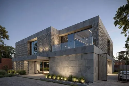 
A photo-realistic rendering of a modern two-story building with a geometric pattern on the exterior. the building has a rectangular shape with a flat roof and large windows that allow natural light t