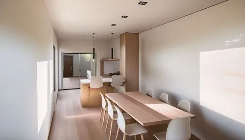 a room with wooden floors and some white chairs,hallway space,modern room,modern kitchen interior,dining room,clubroom,interior modern design,laminated wood,home interior,contemporary decor,core renov