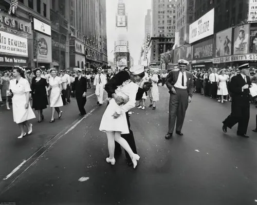 A black-and-white photograph capturing the iconic moment of a sailor passionately kissing a nurse in the middle of a bustling street in Times Square, celebrating the end of World War II. The sailor is