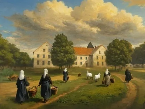 behind the trees you can see a fragment of a house wall with windows, style: classical painting on canvas.,nuns,sedlacek,mesdag,convent,heemskerck,seminary,trappists,church painting,benedictines,villa