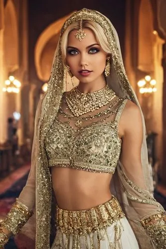 Barbie arabian,
eras headshots，Lifestyle Headshots， Lifestyle，Exotic Arabian Nights，women,  dj booth, speakers
,a model wearing traditional bridals for a po shoot,maharani,golden weddings,bridal jewel