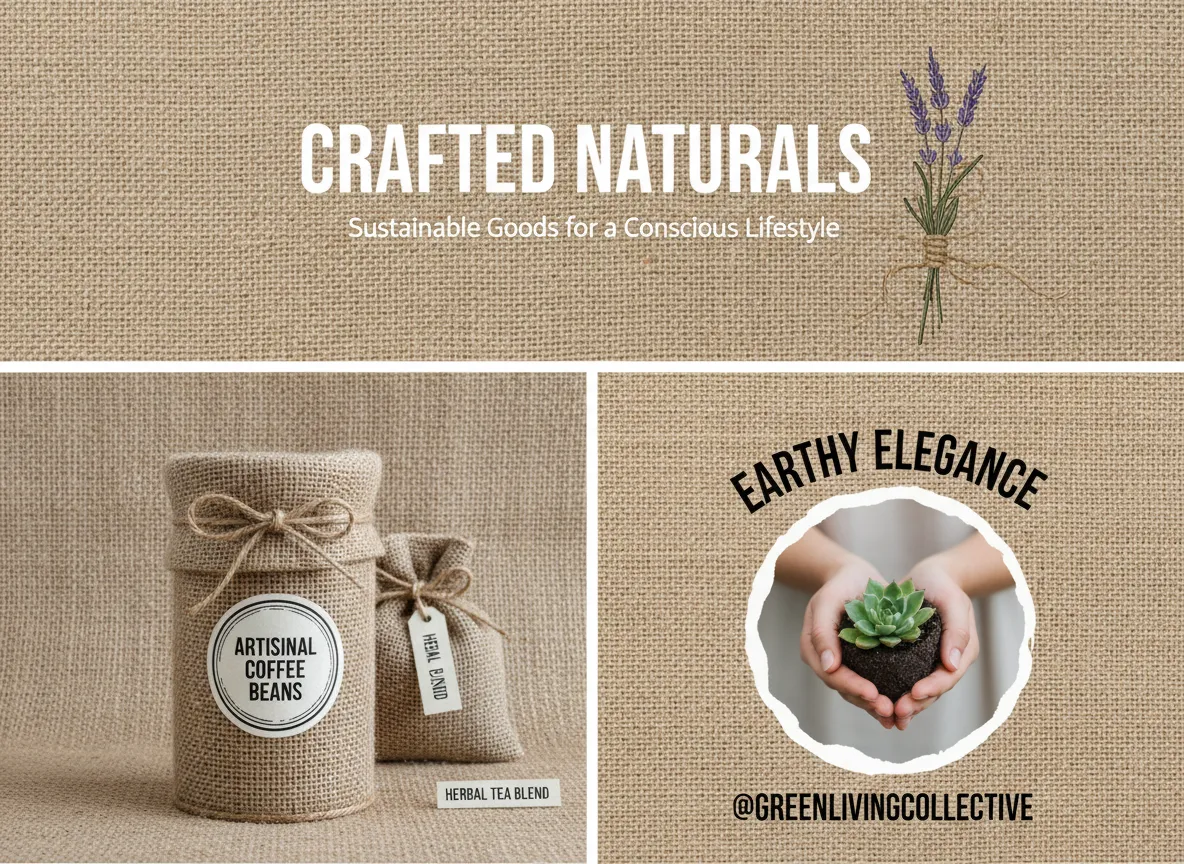 Un'immagine che mostra molteplici applicazioni: un hero banner per un sito web con una texture di iuta, un mockup di prodotto con packaging in iuta e un post sui social media con sfondo in iuta.