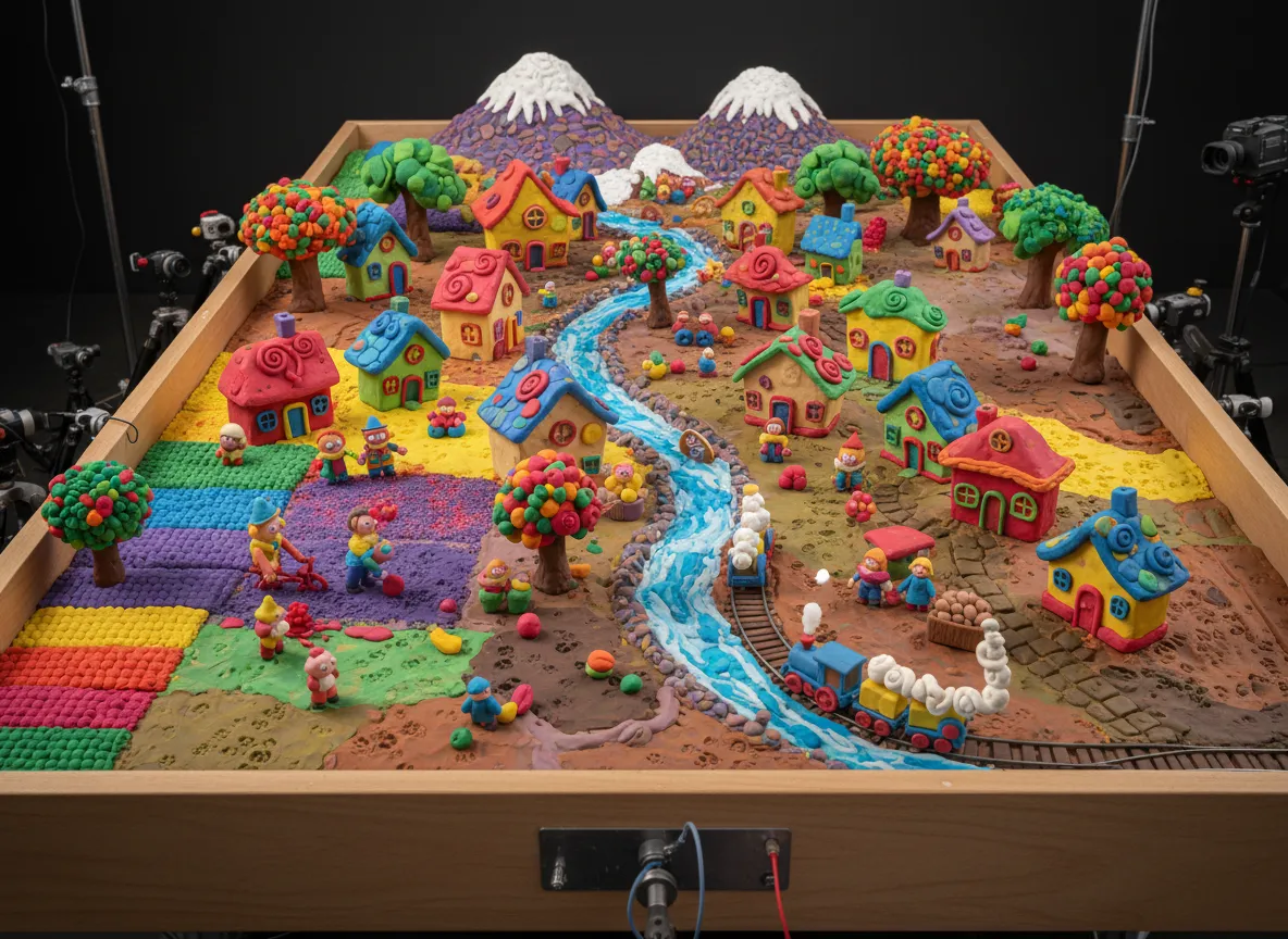 प्ले-डोह कला शैली में एक विशाल लघु विश्व डिज़ाइन, जिसमें एक छोटा गाँव और पात्र हैं, जो एक संपूर्ण स्टॉप मोशन सेट डिज़ाइन का प्रदर्शन करता है।