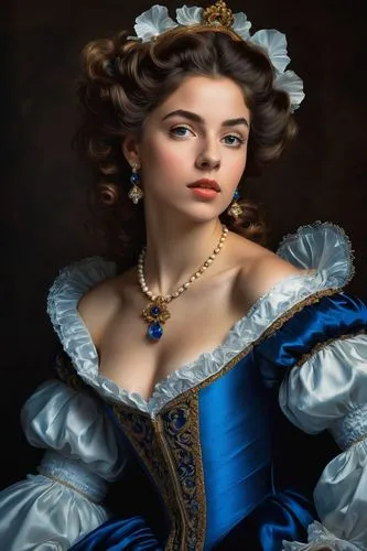 Baroque Portrait of Cindirella from Disney. Her skin glows with an ethereal light. Her eyes are a deep bright blue with a mysterious and magnetic gaze. The background is plain and she is sitting and w