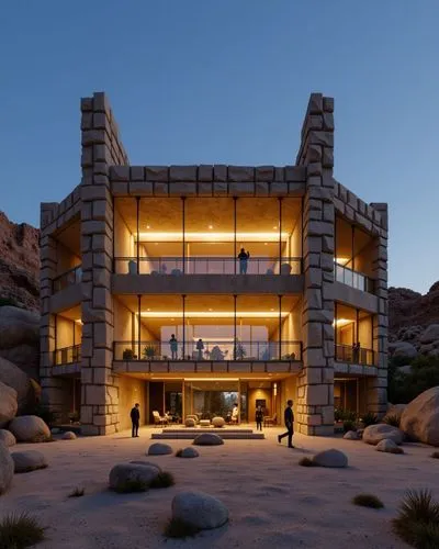 Frontal photography of the facade of a theater in the Israeli desert, made from giant carved stone rocks. The three-story structure is suspended from the roof with a light composition inspired by the 