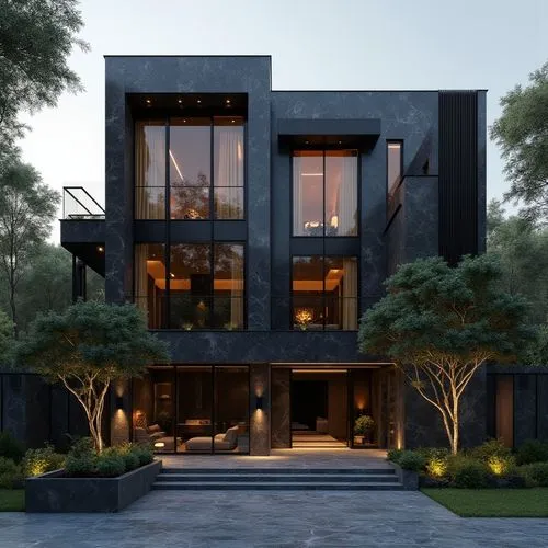 A luxurious, ultra-modern, three-story mansion with a sleek, dark marble facade and prominent vertical columns, situated in a refined, upscale residential setting. The exterior features large floor-t