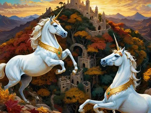 two white unicorns are playing in a magical forest,an image of two white horses in front of castle,unicorn background,golden unicorn,unicorn art,pegasys,fantasy picture,white horses,pegasi,fantasy art