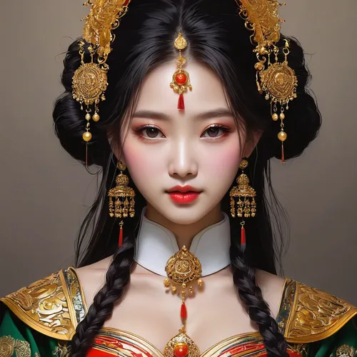 两个漂亮女孩，穿着婚纱，一个黑色短发，一个金色双马尾，对视,asian costume,oriental princess,peking opera,oriental girl,taiwanese opera,inner mongolian beauty,chinese art,mulan,geisha girl,japanese doll,geisha,oriental,asian woman,