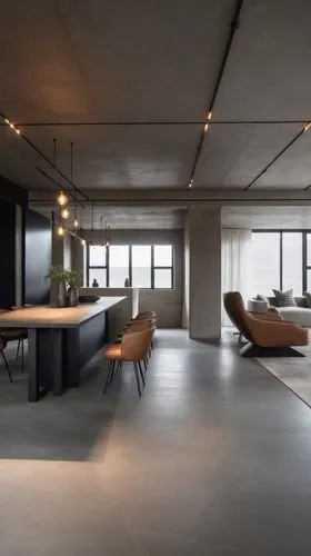 a kitchen filled with furniture and a wooden table,concrete ceiling,loft,associati,penthouses,interior modern design,minotti