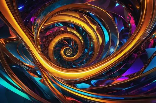 Abstract art, modern style, vibrant colors, swirly shapes, 3D texture, metallic material, neon lights, futuristic atmosphere, dark background, spotlight effect, ornate frame, oil painting, expressive 